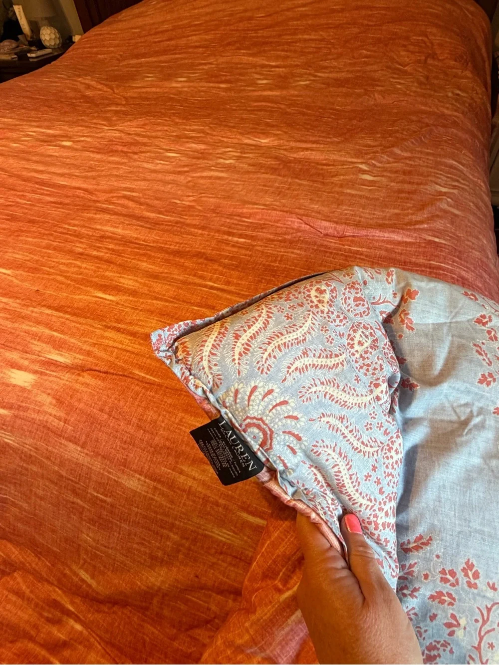 Ralph Lauren Light Blue and Coral Medallion Reversible Cotton King Comforter